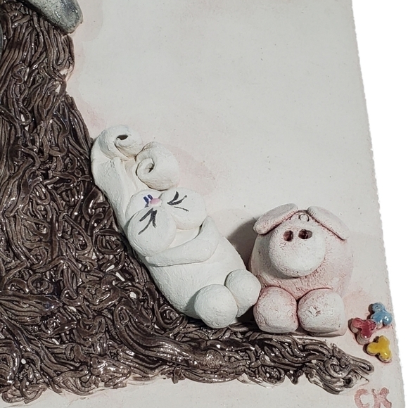 Clay molded Wall Art Mirror cute Tree with animals signed CK - Picture 10 of 11